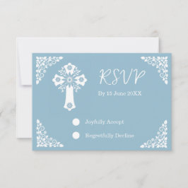 RSVP Card Floral Cross Christening Sky Blue Karte