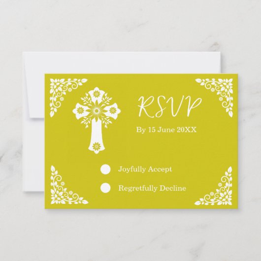 RSVP Card Floral Cross Christening Yellow (Vorderseite)