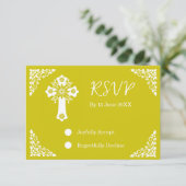 RSVP Card Floral Cross Christening Yellow (Stehend Vorderseite)