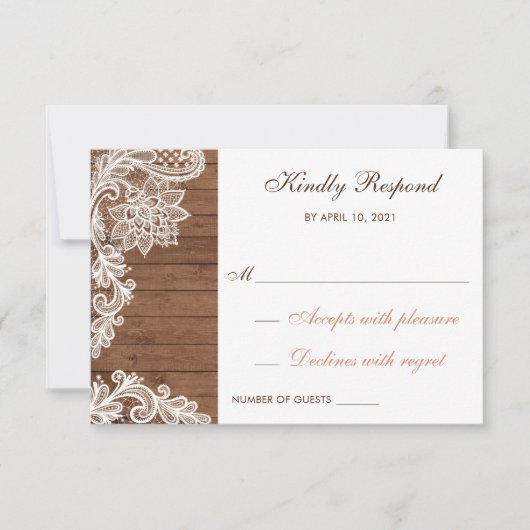 RSVP Card Hochzeit von Lace Wood Rustic Response (Vorderseite)