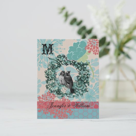 RSVP Card: Love Birds on Floral Wreath Wedding (Stehend Vorderseite)