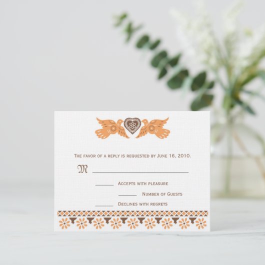 RSVP Card Love Birds - Persimmon/Brown auf Leinen2 (Stehend Vorderseite)