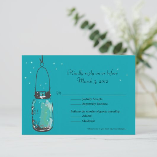 RSVP Card Mason Jar and Fireflies (Stehend Vorderseite)