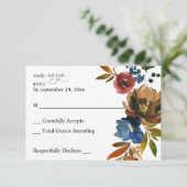 RSVP Card Navy Blue, Orange & Brown Floral (Stehend Vorderseite)