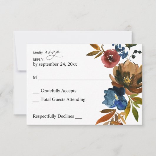 RSVP Card Navy Blue, Orange & Brown Floral Karte (Vorderseite)