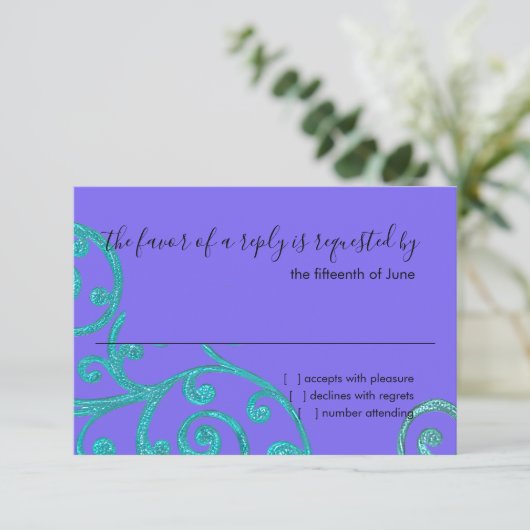 RSVP Card Scroll Pattern Aqua (Stehend Vorderseite)