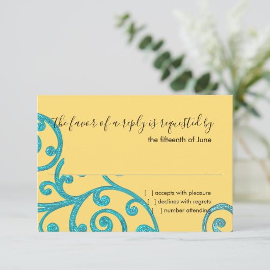 RSVP Card Scroll Pattern Aqua (Stehend Vorderseite)