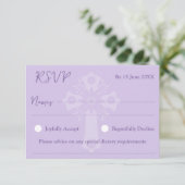 RSVP Card Style 1 Floral Cross Taufe Lilac (Stehend Vorderseite)