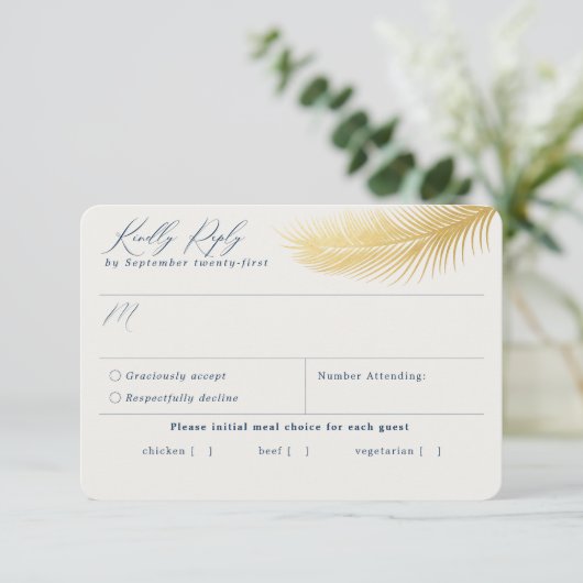 RSVP Card Tropical Beach Palm Navy (Stehend Vorderseite)