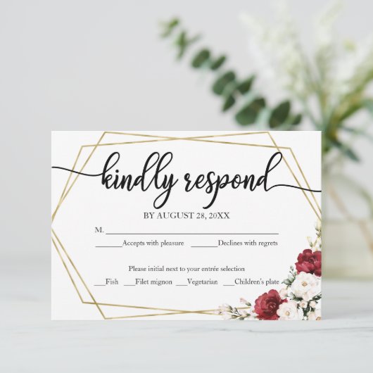RSVP Card White Burgundy Floral Wedding (Stehend Vorderseite)