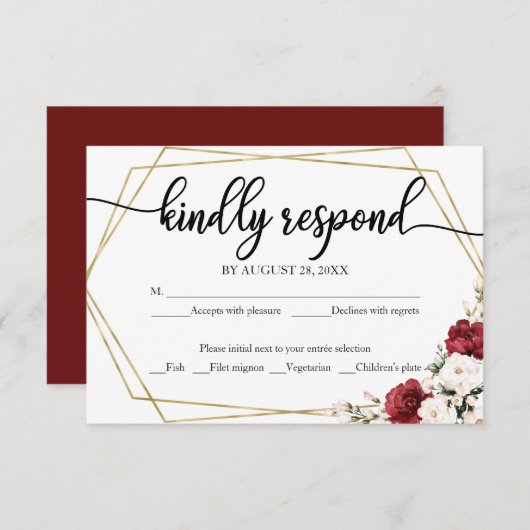 RSVP Card White Burgundy Floral Wedding (Vorne/Hinten)