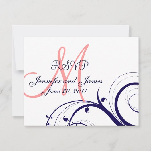 RSVP Card Wirbel Hochzeiten Navy Blue Coral Pink (Vorderseite)