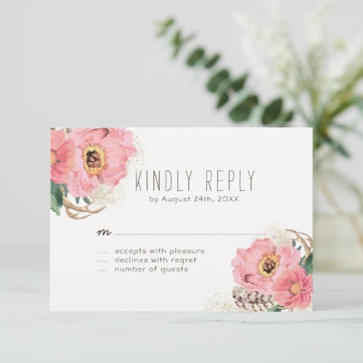 RSVP Cards für Wasserfarbenstube Bohemisch Federn (Stehend Vorderseite)