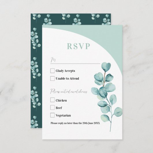 RSVP Cards Wedding Eukalyptus Blätter Green (Vorne/Hinten)