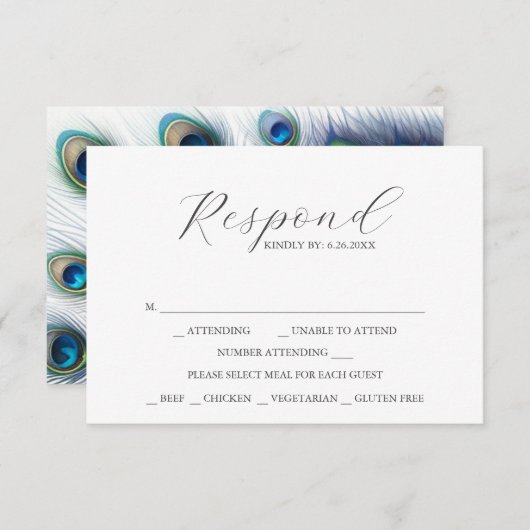RSVP Cards with Meal Choice Peacock Feathers (Vorne/Hinten)
