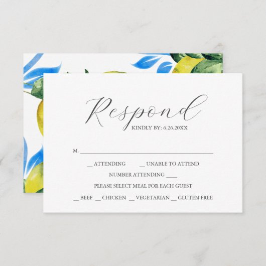 RSVP Cards with Meal Choice Watercolor Lemon (Vorne/Hinten)