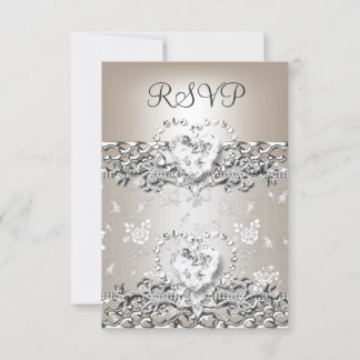 RSVP Elegante Hochzeit Silber Creme Diamant Herz Karte