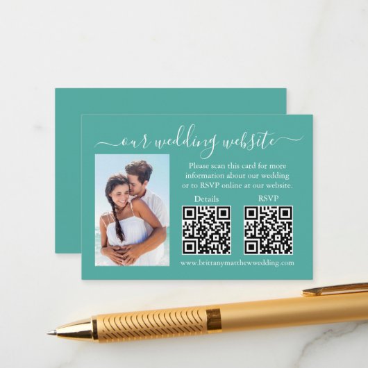 RSVP für Hochzeiten Details Foto 2 QR Aquamarin Begleitkarte (Vorderseite/Rückseite Beispiel)