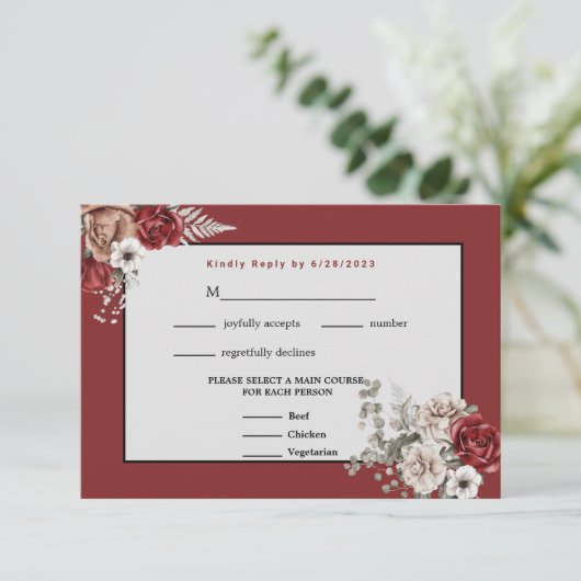 RSVP für Hochzeiten in Burgund, Rosa und Weiß (Stehend Vorderseite)