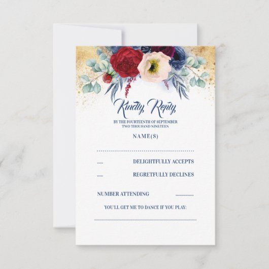 RSVP für Hochzeiten in Burgund Rot und Navy Blue (Vorderseite)