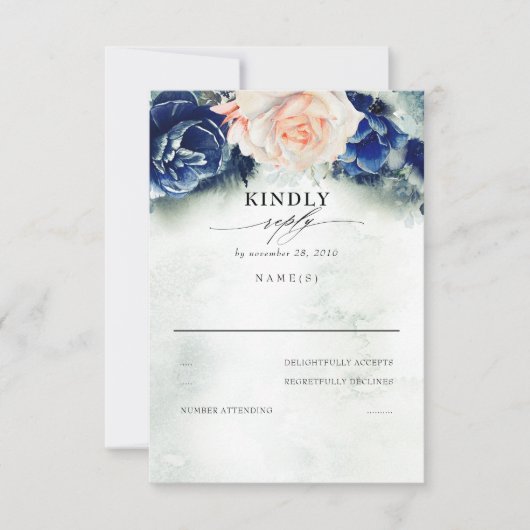 RSVP für Hochzeiten mit blauer Flora und Navy Karte (Vorderseite)