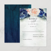 RSVP für Hochzeiten mit blauer Flora und Navy Karte (Vorne/Hinten)