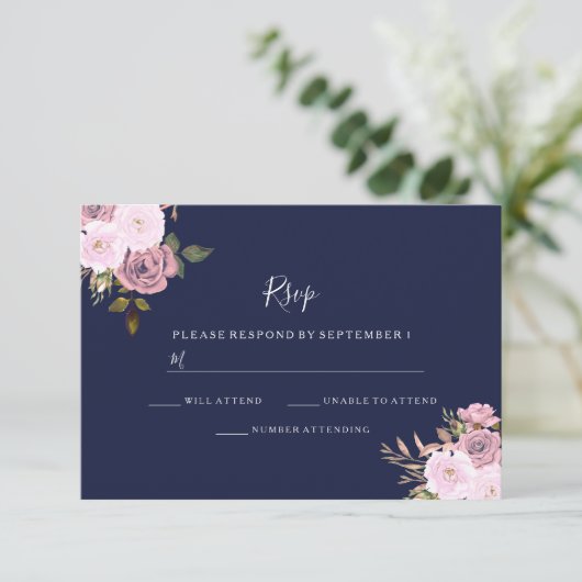 RSVP für Hochzeiten von Navy Blue & Rose Gold Flor (Stehend Vorderseite)