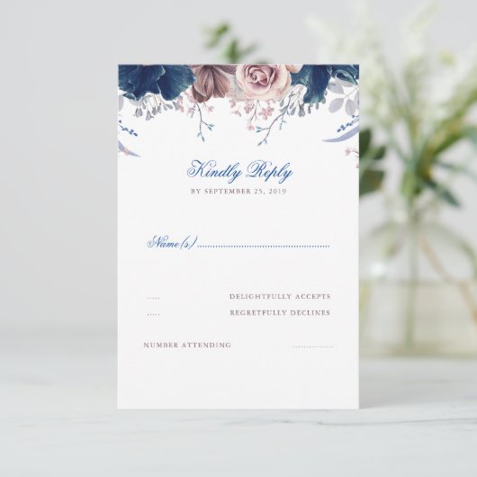 RSVP für Hochzeiten von Navy Blue und Mauve Floral (Stehend Vorderseite)