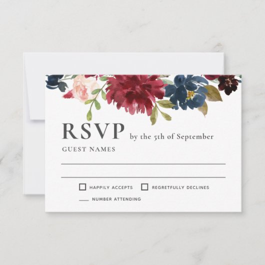 RSVP für Hochzeiten von Navy und Burgund Elegant (Vorderseite)