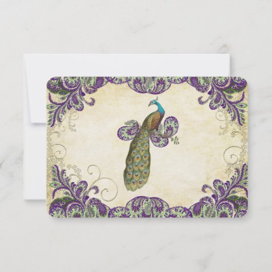 RSVP für lila- und grüne Pfauenhochzeit (Rückseite)