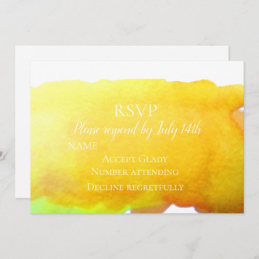 RSVP-gelber Sandstrand Hochzeit moderne Wasserfarb Einladung (Vorne/Hinten)