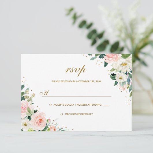 RSVP: Gold Botanical Blush Floral Wedding RSVP Karte (Stehend Vorderseite)