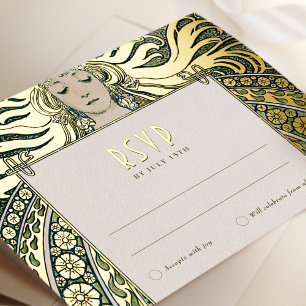 RSVP Gold Grün Antwort Vintage Art Nouveau Mucha Folien Feiertagspostkarte