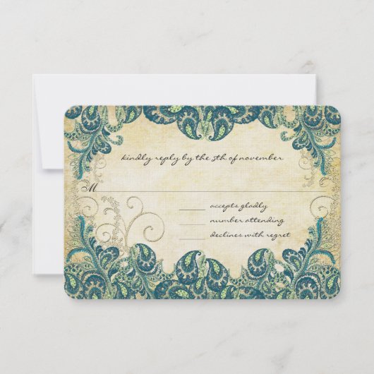 RSVP (Green Navy Blue and Gold Peacock Wedding) Karte (Vorderseite)