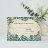 RSVP (Green Navy Blue and Gold Peacock Wedding) Karte (Stehend Vorderseite)