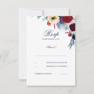 RSVP-Hochzeit in Burgund Rot und Navy Blue Floral RSVP Karte