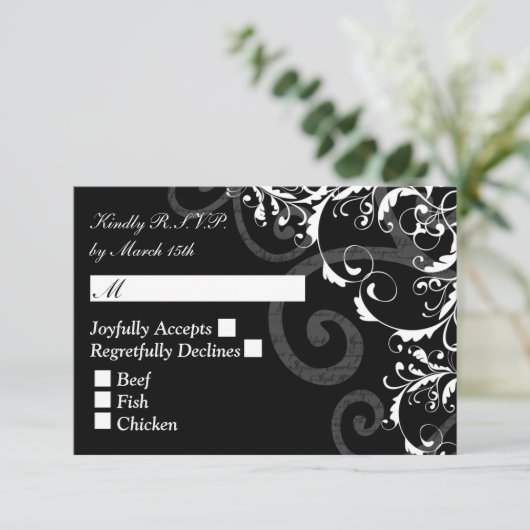 RSVP-Hochzeit mit schwarzem und weißem Swirl RSVP Karte (Stehend Vorderseite)