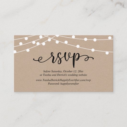 RSVP-Hochzeit, rustikale Kraft-String-Lichter Begleitkarte (Vorderseite)
