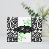 RSVP-Hochzeit: Schwarz, Weiß, grüner Damaskus Einladung (Stehend Vorderseite)