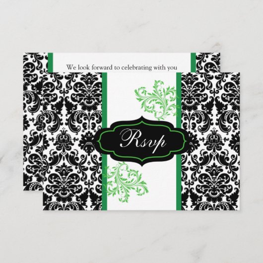 RSVP-Hochzeit: Schwarz, Weiß, grüner Damaskus Einladung (Vorne/Hinten)
