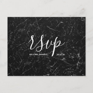 Rsvp-Hochzeitkarte   Black Marble Script Postcard Einladungspostkarte