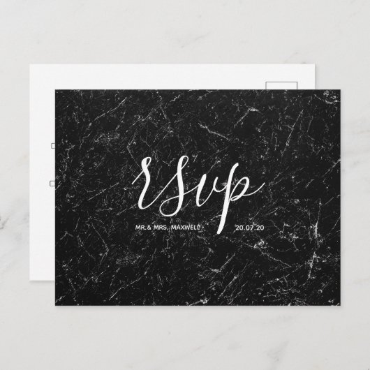 Rsvp-Hochzeitkarte | Black Marble Script Postcard Einladungspostkarte (Vorne/Hinten)