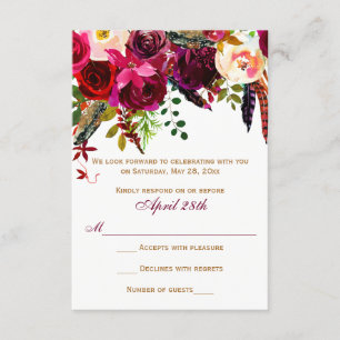 RSVP-Hochzeitkarte - Burgunder Blütenblüte, Federn Einladung