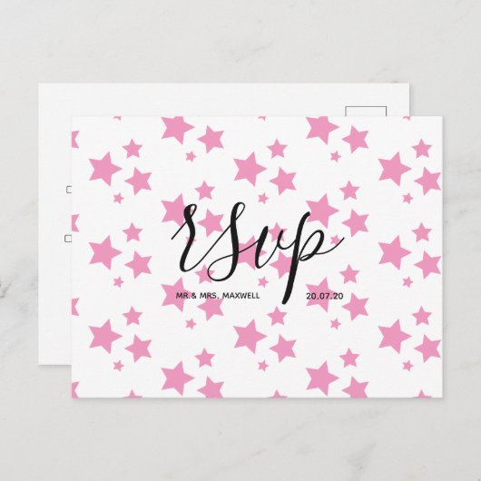 Rsvp-Hochzeitkarte | Pink Stars Script Postcard Einladungspostkarte (Vorne/Hinten)