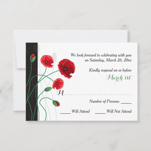 RSVP-Hochzeitkarte | Red Poppies | Schwarz, Grün RSVP Karte (Vorderseite)