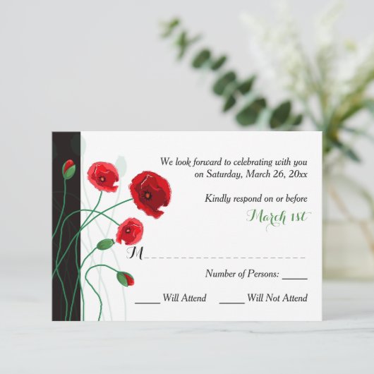 RSVP-Hochzeitkarte | Red Poppies | Schwarz, Grün RSVP Karte (Stehend Vorderseite)
