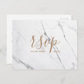Rsvp-Hochzeitkarte | White Gold Marmor Script Einladungspostkarte (Vorne/Hinten)