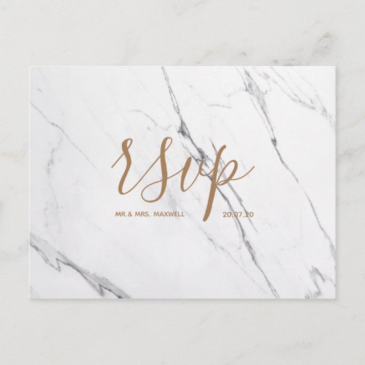 Rsvp-Hochzeitkarte | White Gold Marmor Script Einladungspostkarte (Vorderseite)