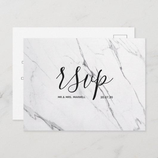Rsvp-Hochzeitkarte | White Marble Script Postcard Einladungspostkarte (Vorne/Hinten)
