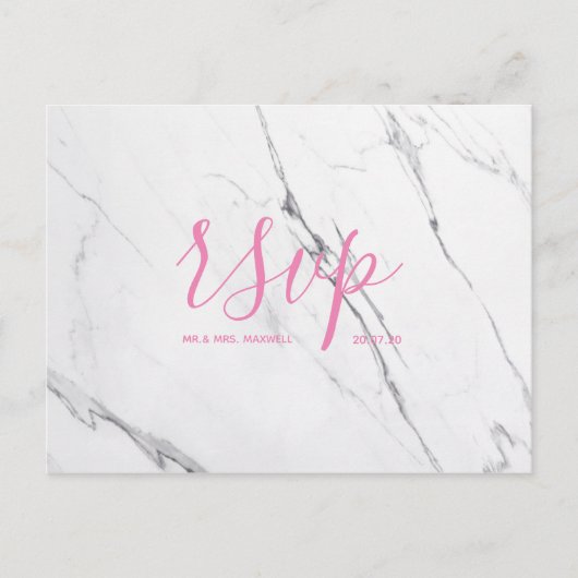Rsvp-Hochzeitkarte | White Pink Marble Script Einladungspostkarte (Vorderseite)